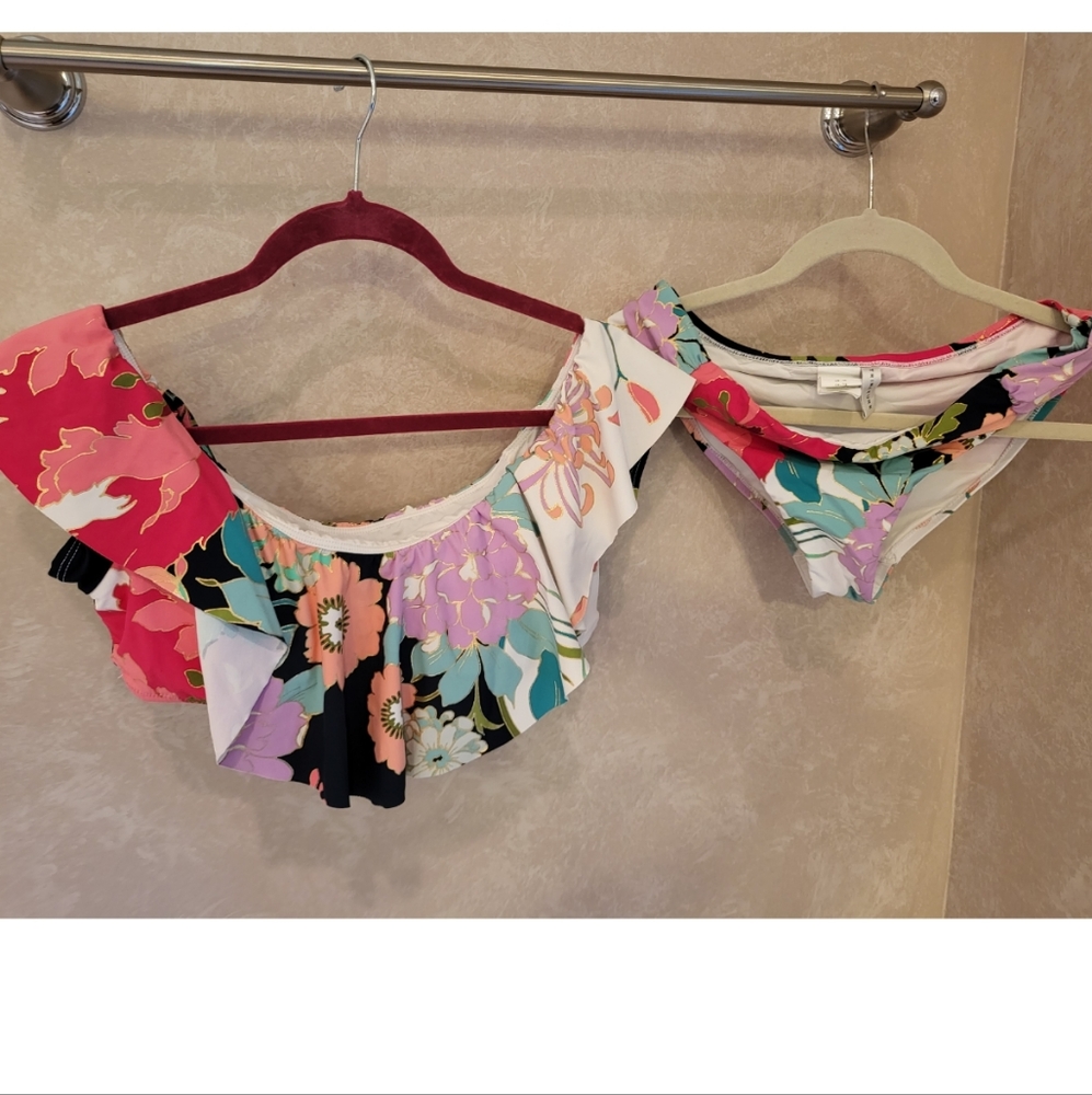 Trina turk ruffle off shoulder bikini top 12 + bottom 10